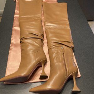 AMINA MUADDI Womens Boots Leather Olivia 95 Heel Napa Camel Over The Knee